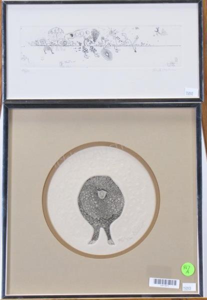 Appraisal: Two framed etchings including sheep with man face by Don