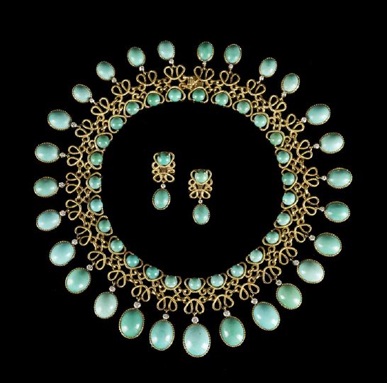 Appraisal: Dramatic Eighteen-Karat Yellow Gold Turquoise and Diamond Necklace and Earring