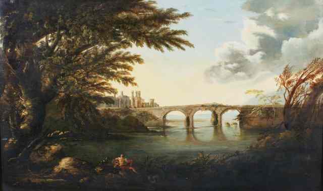 Appraisal: CIRCLE OF RICHARD WILSONA romantic river landscape with figure and