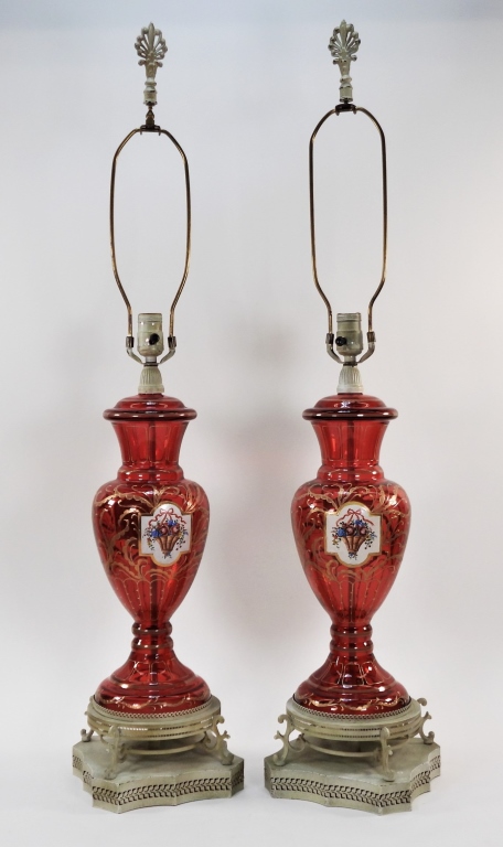 Appraisal: PR ITALIAN ENAMELED RUBY GLASS TABLE LAMPS Italy Early th