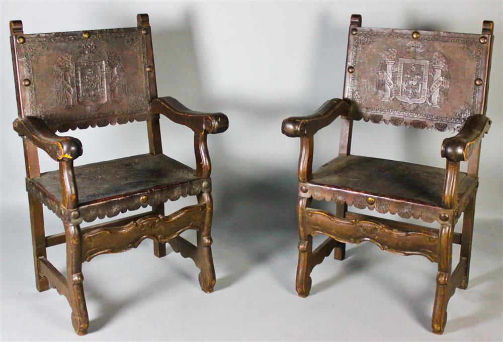 Appraisal: PAIR OF SPANISH JACOBEAN ARM CHAIRS WITH EMBOSSED LEATHER SEATS