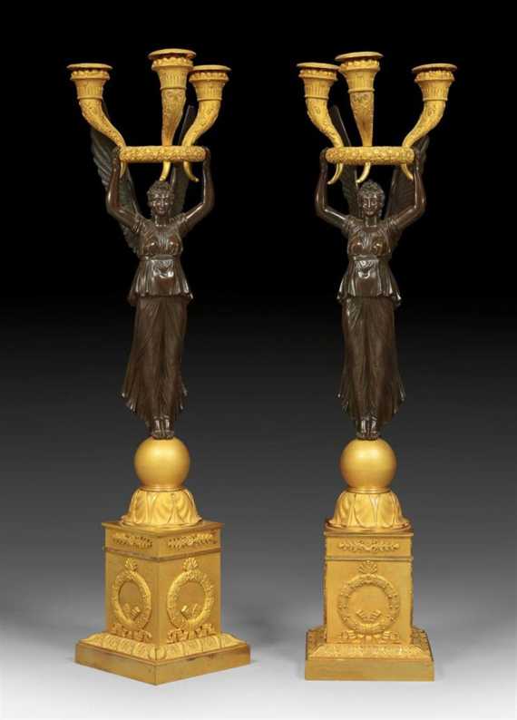 Appraisal: PAIR OF CANDELABRAS AUX VICTOIRES Empire signed THOMIRE A PARIS