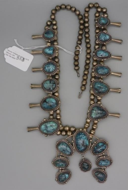 Appraisal: SQUASH BLOSSOM NECKLACE TH CENTURY AMERICANSouthwest with Asian turquoise graduated