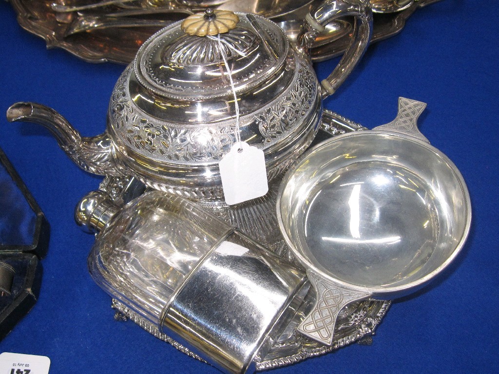 Appraisal: Lot comprising EP salver teapot quaich and spirit flask