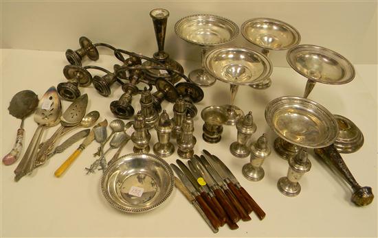 Appraisal: STLERING Two candelabras one in pieces five pedestal dishes two