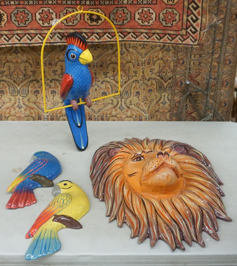 Appraisal: PAPIER MACHE PARROT ON METAL STAND TWO TWO-DIMENSIONAL PARROTS AND