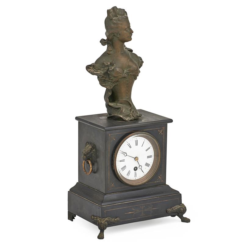 Appraisal: FRENCH MARBLE MANTEL CLOCK Spelter bust on black marble base