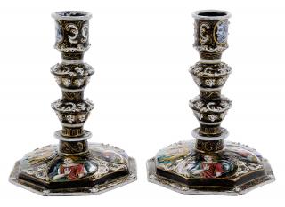 Appraisal: Pair Limoges Enamel Renaissance Style Candlesticks France late th century