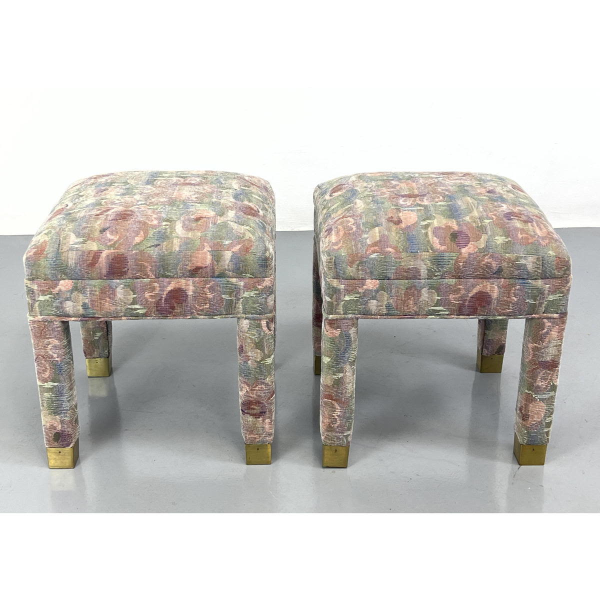 Appraisal: Pr Fully Upholstered Benches Stools Pastel Floral Fabric Brass Cap