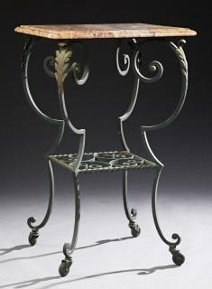 Appraisal: French Wrought Iron Marble Top Two Tier Stand c the