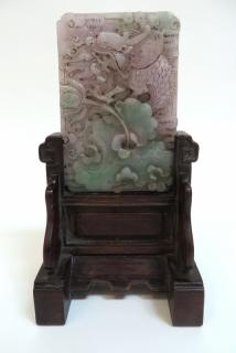 Appraisal: Jadeite Table Screen Carevd wood stand holds a grey white