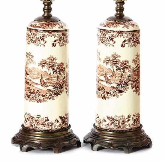 Appraisal: Pair English transferware canisters converted to lamps late th century