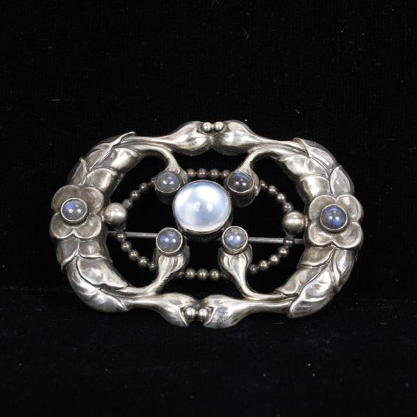 Appraisal: Georg Jensen Denmark Sterling Silver Jeweled Moonstone Floral Pin Brooch