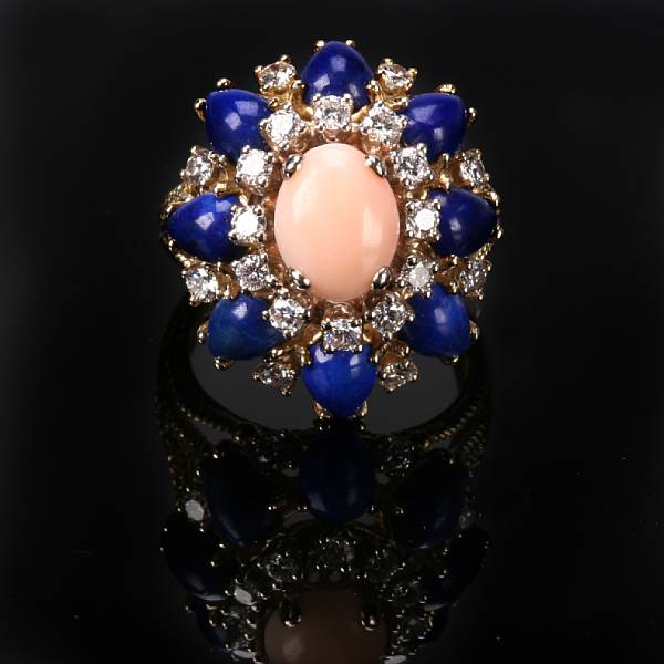 Appraisal: A coral lapis diamond and eighteen karat yellow gold ring