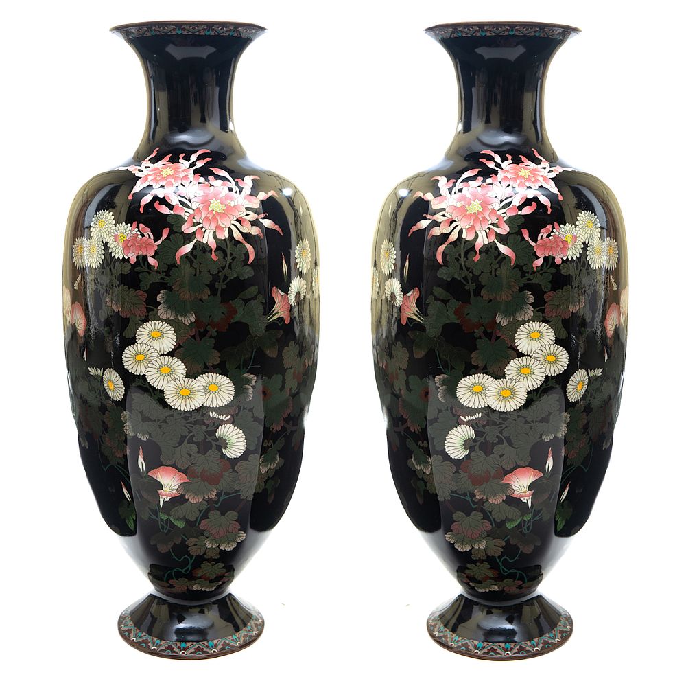 Appraisal: A PAIR OF JAPANESE METAL AND CLOISONNE ENAMEL VASES TH