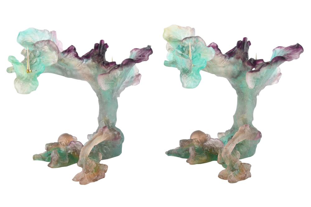 Appraisal: DAUM PAIR OF PATE DE VERRE CANDELABRAeach signed to underside