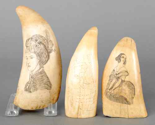 Appraisal: Three scrimshaw whale teeth decorated with Victorian women longest -