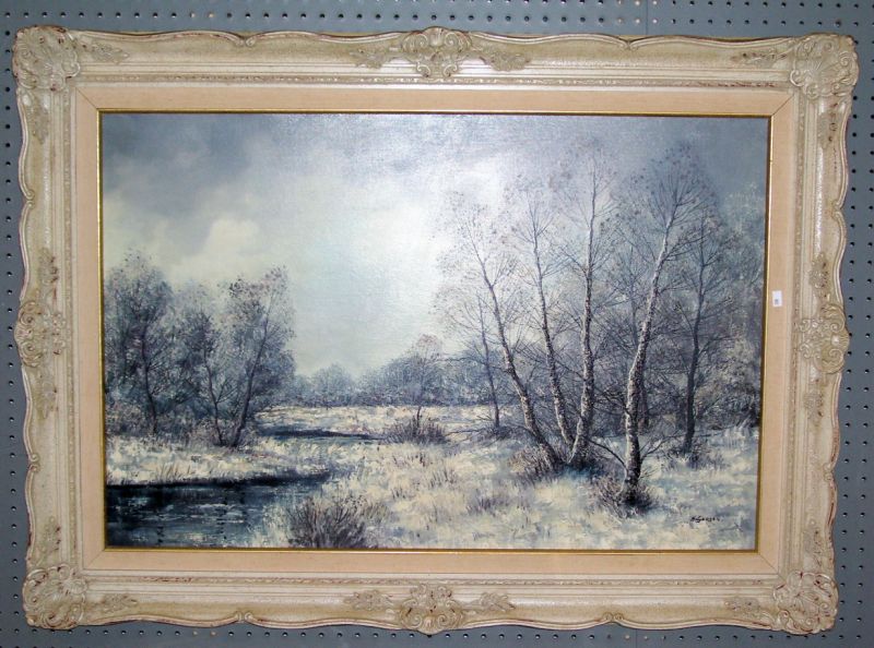 Appraisal: Winterscene by H Gouyer oil on canvas Winter landscape x