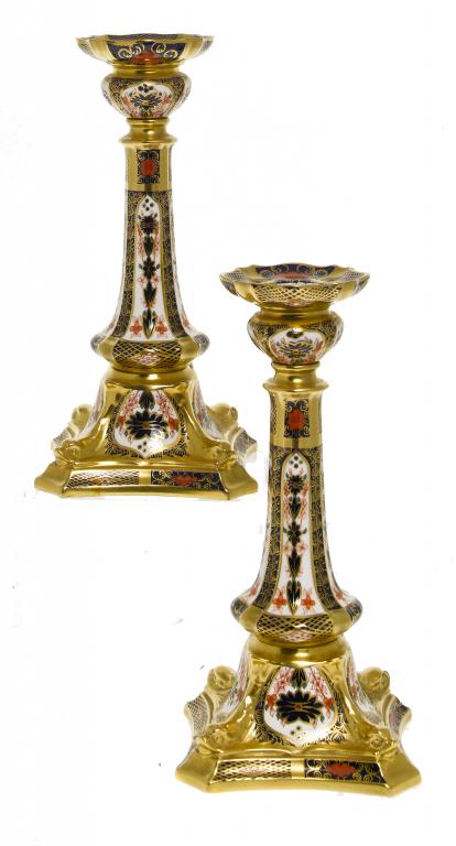 Appraisal: A PAIR OF ROYAL CROWN DERBY IMARI DOLPHIN CANDLESTICKS cm