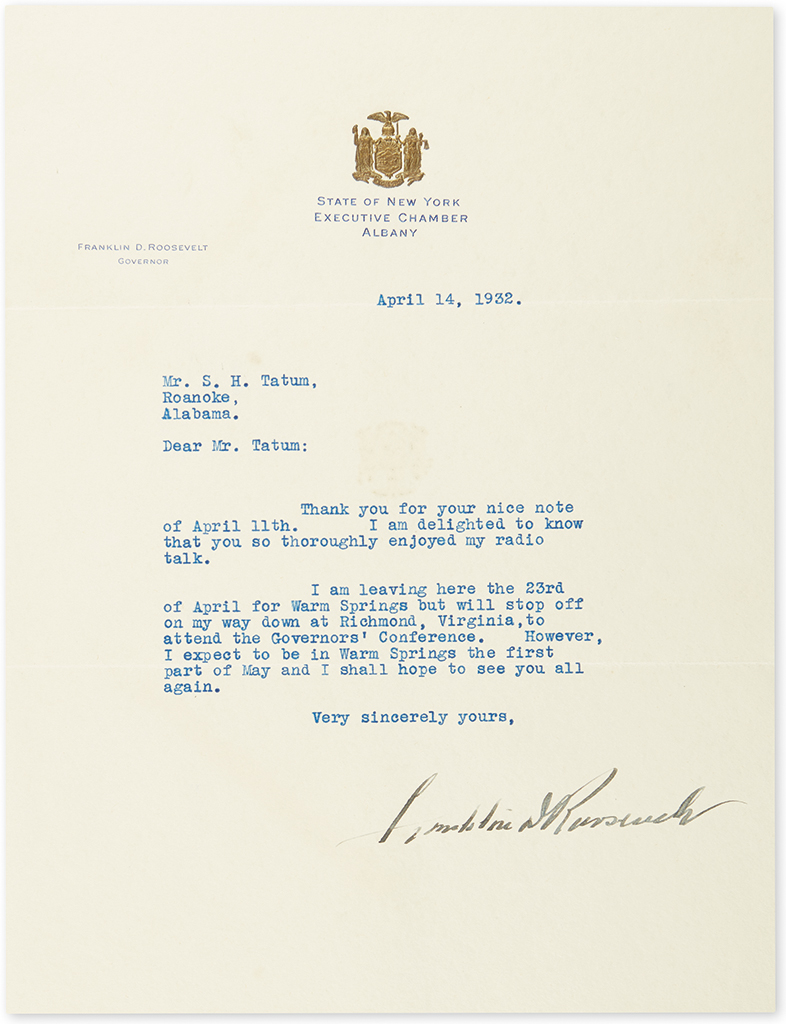 Appraisal: ROOSEVELT FRANKLIN D Typed Letter Signed as Governor to Samuel