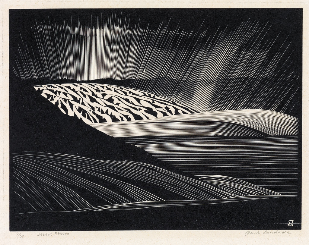 Appraisal: PAUL LANDACRE Desert Storm Wood engraving on Japan paper x