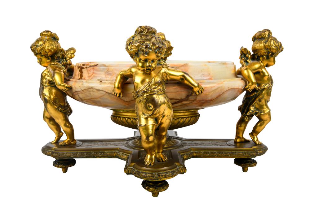 Appraisal: GILT BRONZE ONYX FIGURAL JARDINIERECondition some cherubs loose in mounts