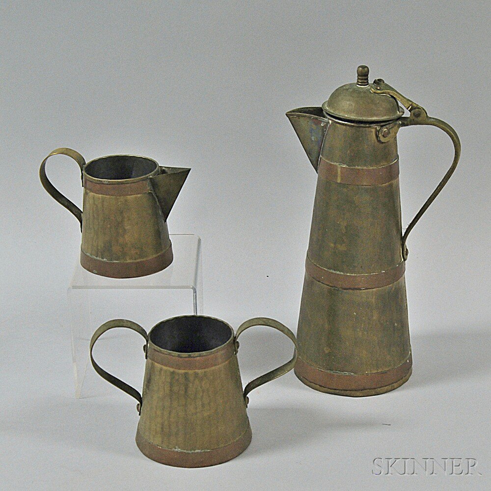 Appraisal: Three-piece Hammered Brass and Copper Chocolate Set early th century