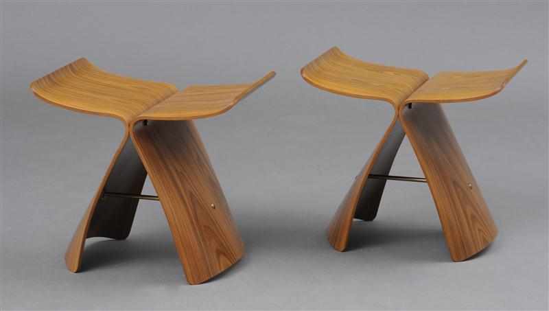 Appraisal: SORI YANAGI - PAIR OF BUTTERFLY STOOLS Bent laminated rosewood