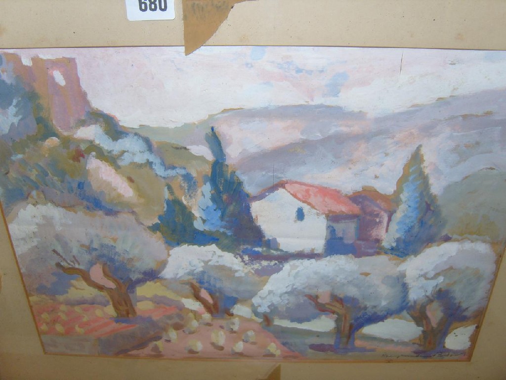 Appraisal: A th century gouache painting of a continental landscape with