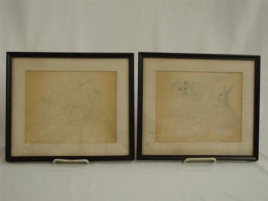 Appraisal: TWO FOLKY DRAWINGS Includes a Spencerian drawing of a stag