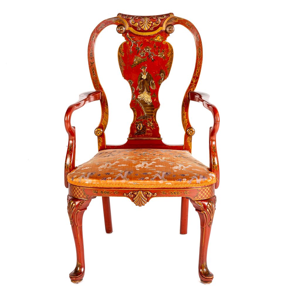 Appraisal: Queen Anne Style Jappaned Arm Chair th century chair with