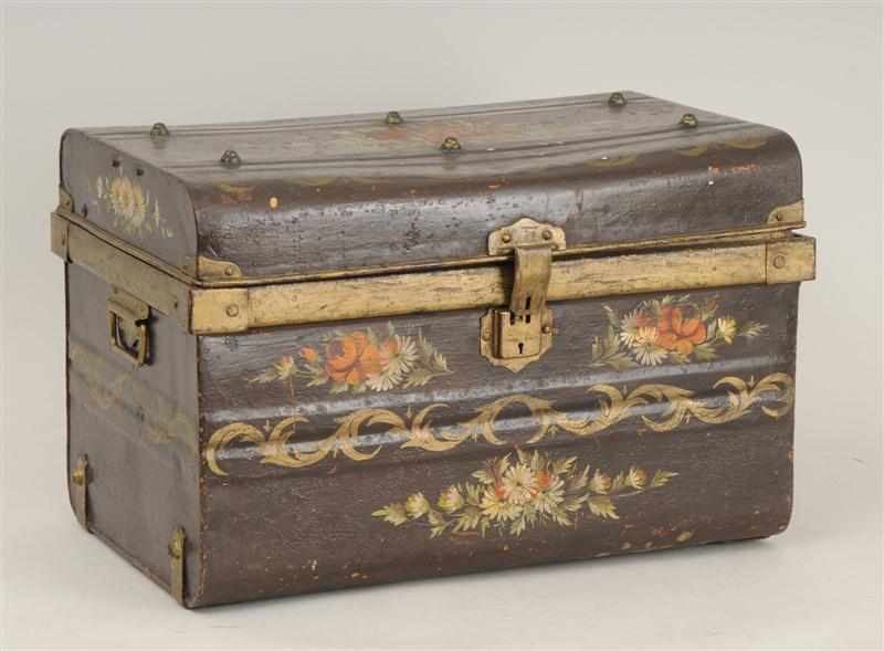 Appraisal: CHOCOLATE BROWN GROUND PAINTED TIN CHEST The hinged top with