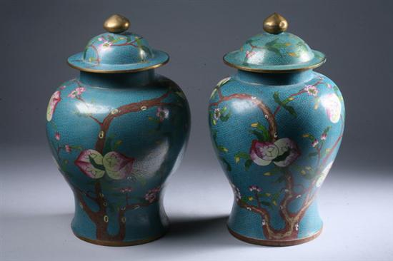 Appraisal: PAIR CHINESE CLOISONN VASES AND COVERS Of baluster-form with peach