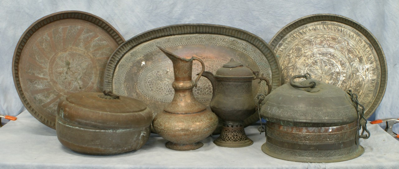 Appraisal: Large Asian copper brass metal including covered bowls trays pitcher