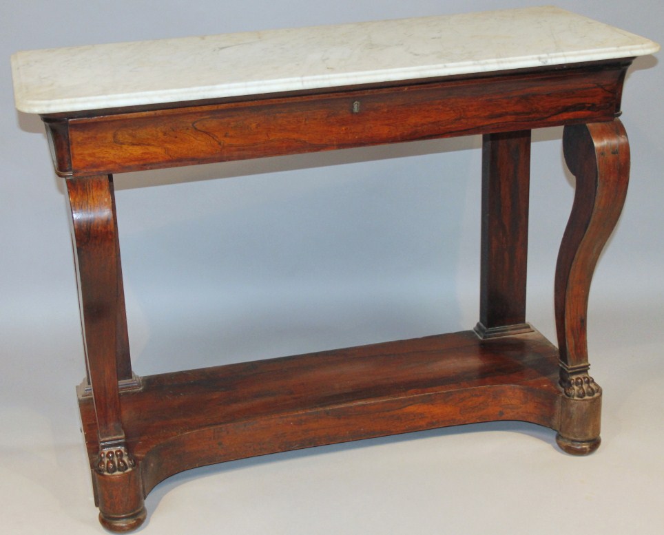 Appraisal: A Regency rosewood marble top hall table the D-end removable