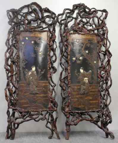 Appraisal: Pair of Japanese Screens with Natural Wood FormFrames and Ivory