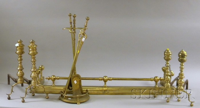 Appraisal: Brass Fireplace Fender Two Pairs of Turned Brass Andirons and