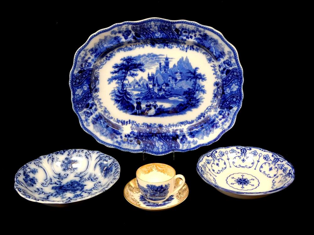 Appraisal: English blue and white transferware lot five pieces including a