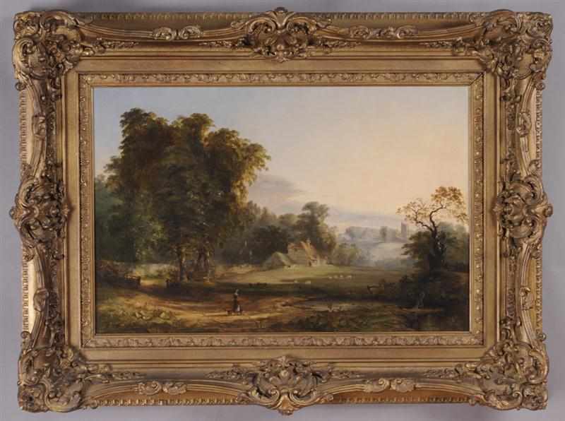 Appraisal: EUROPEAN SCHOOL LANDSCAPE WITH FARM ANIMALS AND WOMAN Oil on