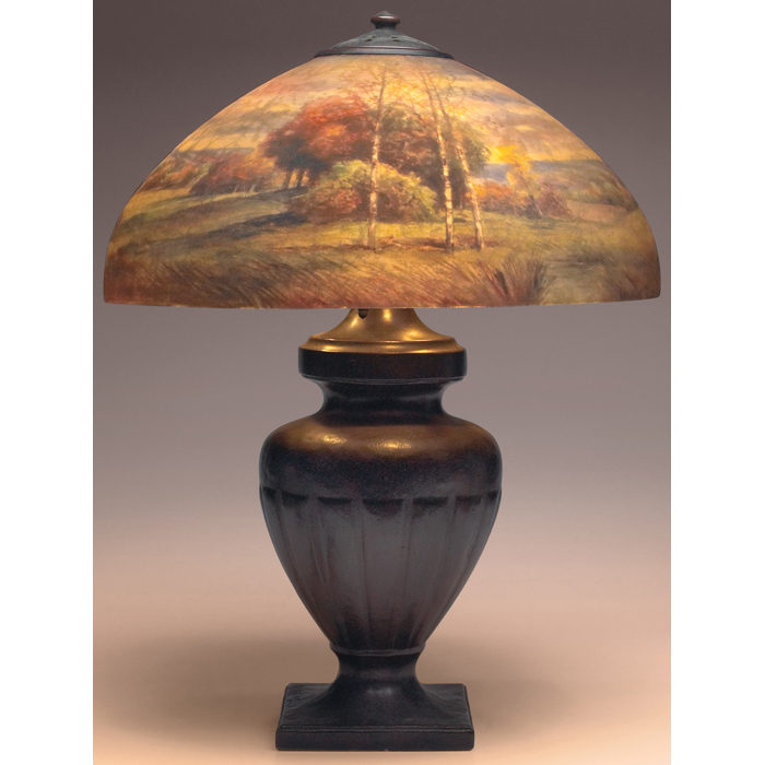 Appraisal: Exceptional Handel lamp three-socket base with original patina supporting a