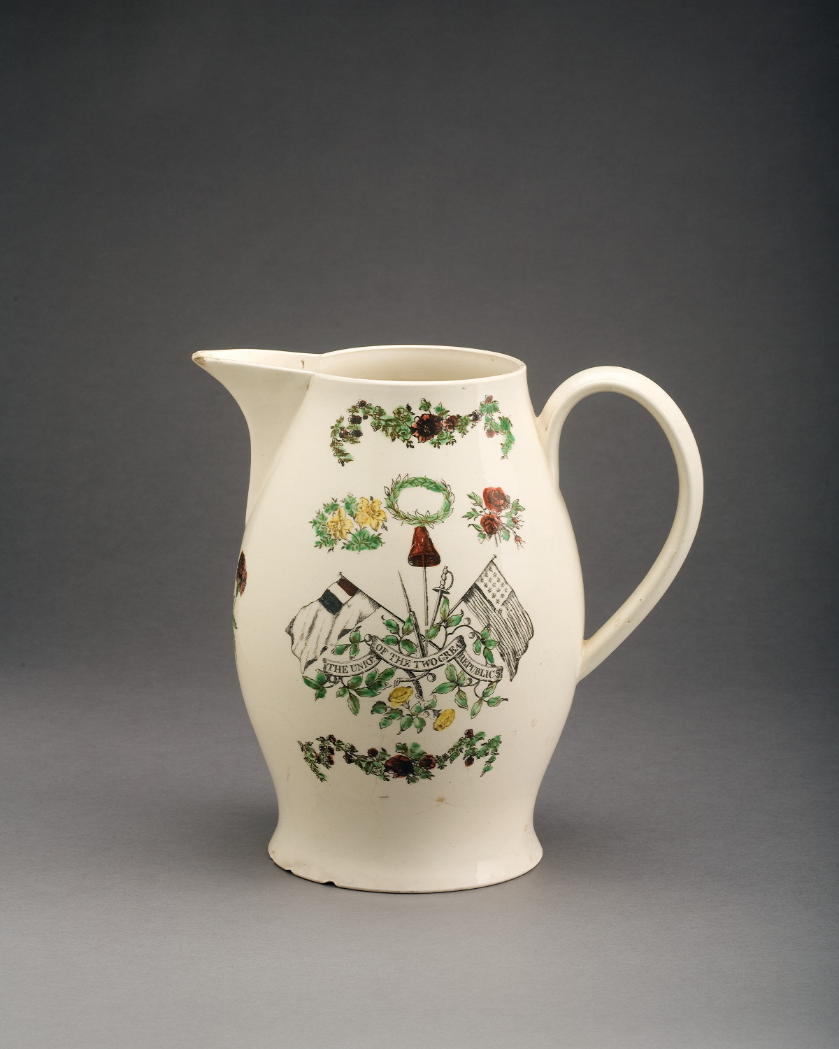 Appraisal: ENGLISH CREAMWARE ENAMEL-DECORATED AND BLACK TRANSFER-PRINTED JUG PROBABLY HERCULANEUM POTTERY