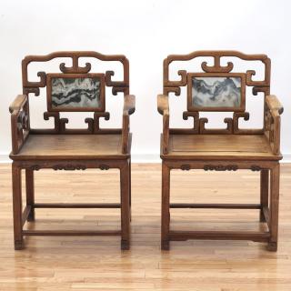 Appraisal: Pair Chinese marble inset hardwood open armchairs Pair Chinese marble