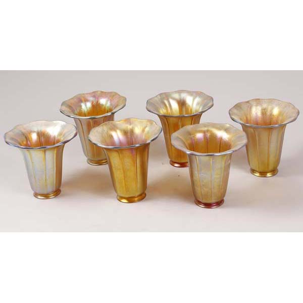 Appraisal: Quezal attributed gold iridescent art glass shades set of six