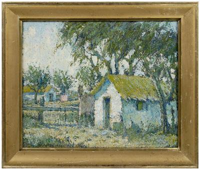 Appraisal: Impressionist landscape two thatched roof cottages signed indistinctly verso quot