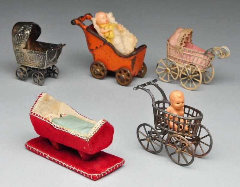 Appraisal: Lot of Antique Carriages Beds Description All doll house size