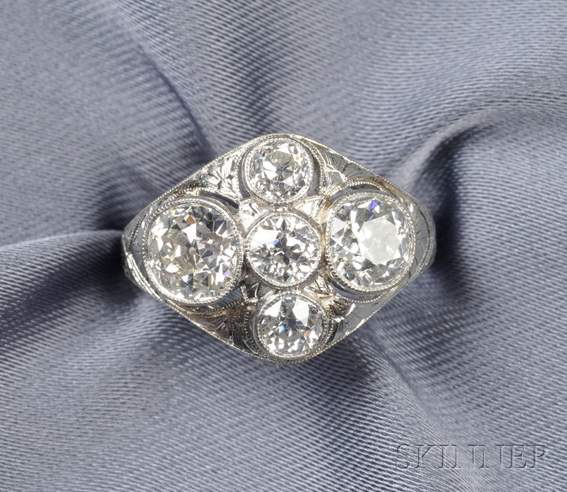 Appraisal: Art Deco Platinum and Diamond Five-stone Ring bezel-set with five