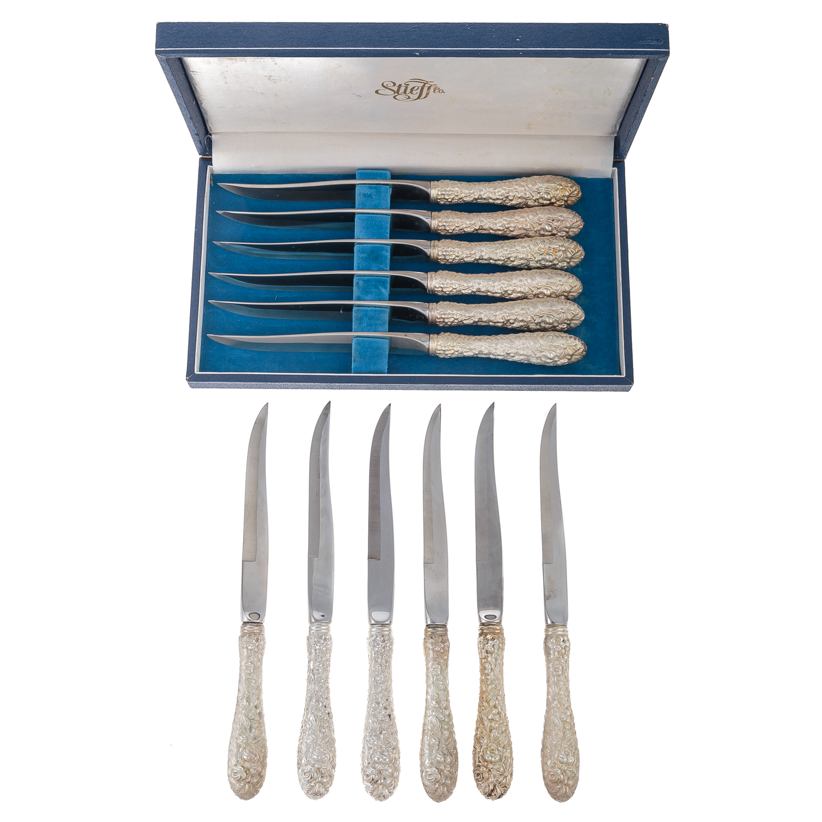 Appraisal: SET OF STIEFF STERLING ROSE STEAK KNIVES One set of