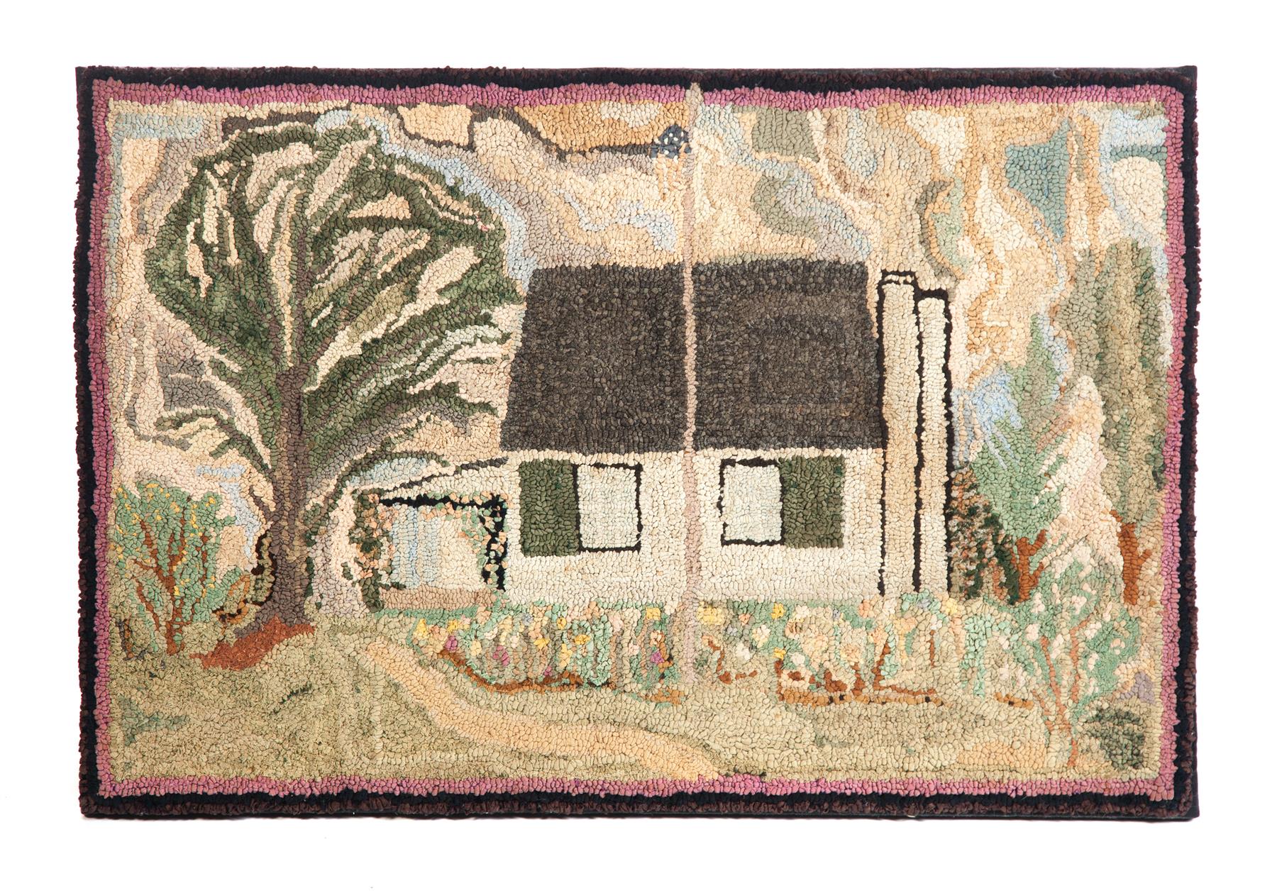 Appraisal: AMERICAN HOOKED RUG Early th century Cottage with tree in