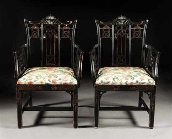 Appraisal: Pair of Chinese Chippendale style japanned armchairs th century with