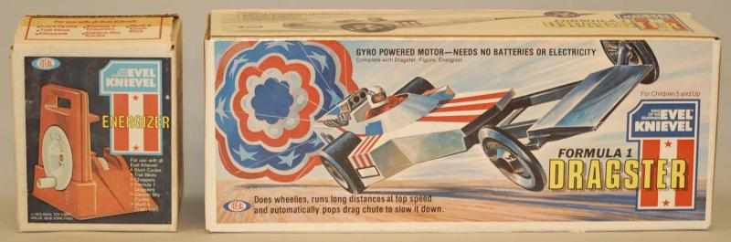 Appraisal: Lot of Vintage Ideal Evel Knievel Toys Includes Formula Dragster